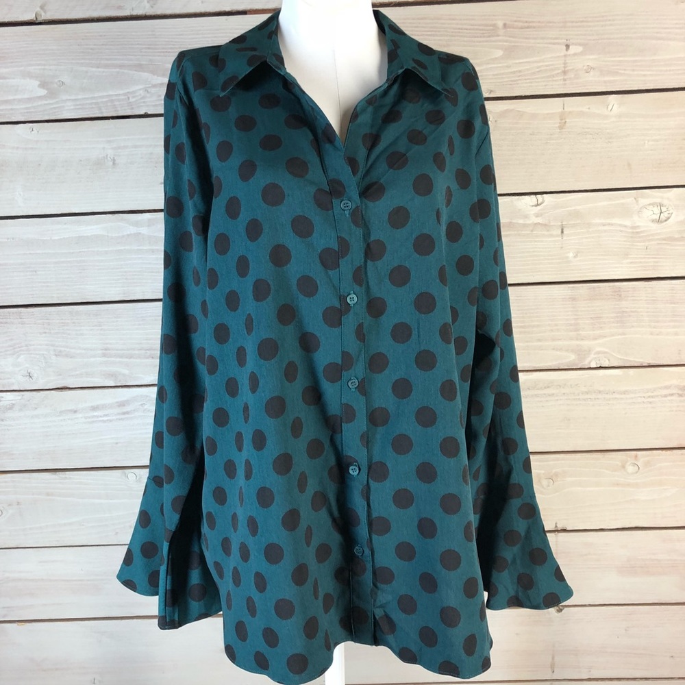 NY Collection Bell Sleeve Green Polka Dot Blouse